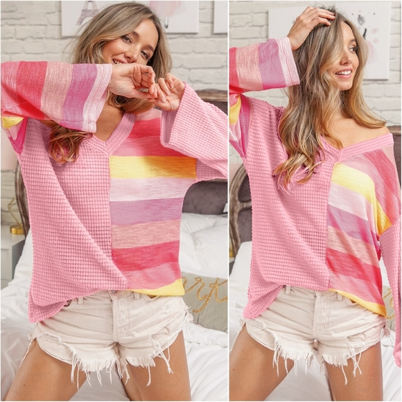 Harmony In Nature Tops - Pink Dreamland Striped Contrast Top
